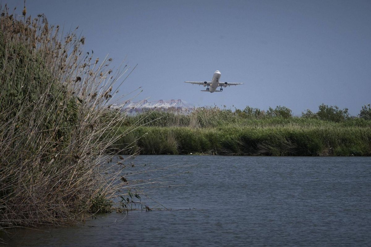 El Prat de Llobregat 10/06/2025 Ampliación del aeropuerto de Barcelona Josep Tarradellas El Prat En la foto, aviones sobrevuelan la zona de el Remolar Filipines después de despegar de la pista 06R/24L , la más cercana al mar, y que se pretende alargar por la Ricarda y por el Remolar afectando a los ecositemas del Parc Natural del Delta del LLobregat Fotografía de Ferran Nadeu