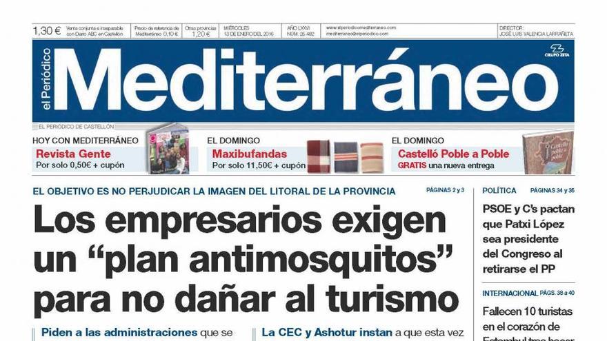 Los empresarios exigen un “plan antimosquitos” para no dañar al turismo, en la portada de Mediterráneo