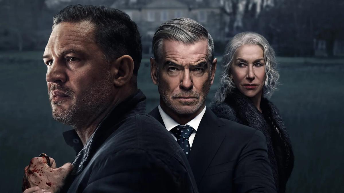 Tom Hardy, Pierce Brosnan y Helen Mirren, trío protagonista de la serie Tierra de mafiosos de SkyShowtime.