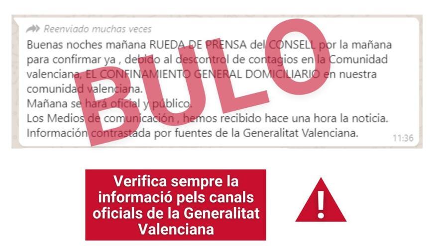 Nuevo bulo sobre las actuaciones del Consell respecto a la covid-19.