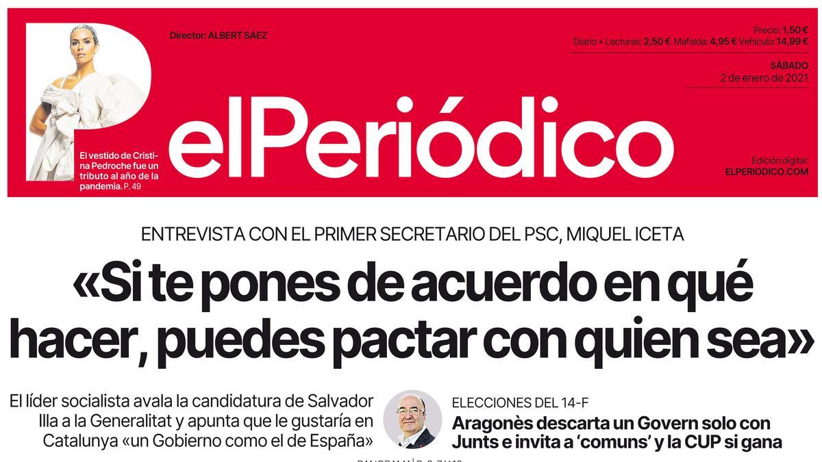 La portada de EL PERIÓDICO del 2 de enero del 2021