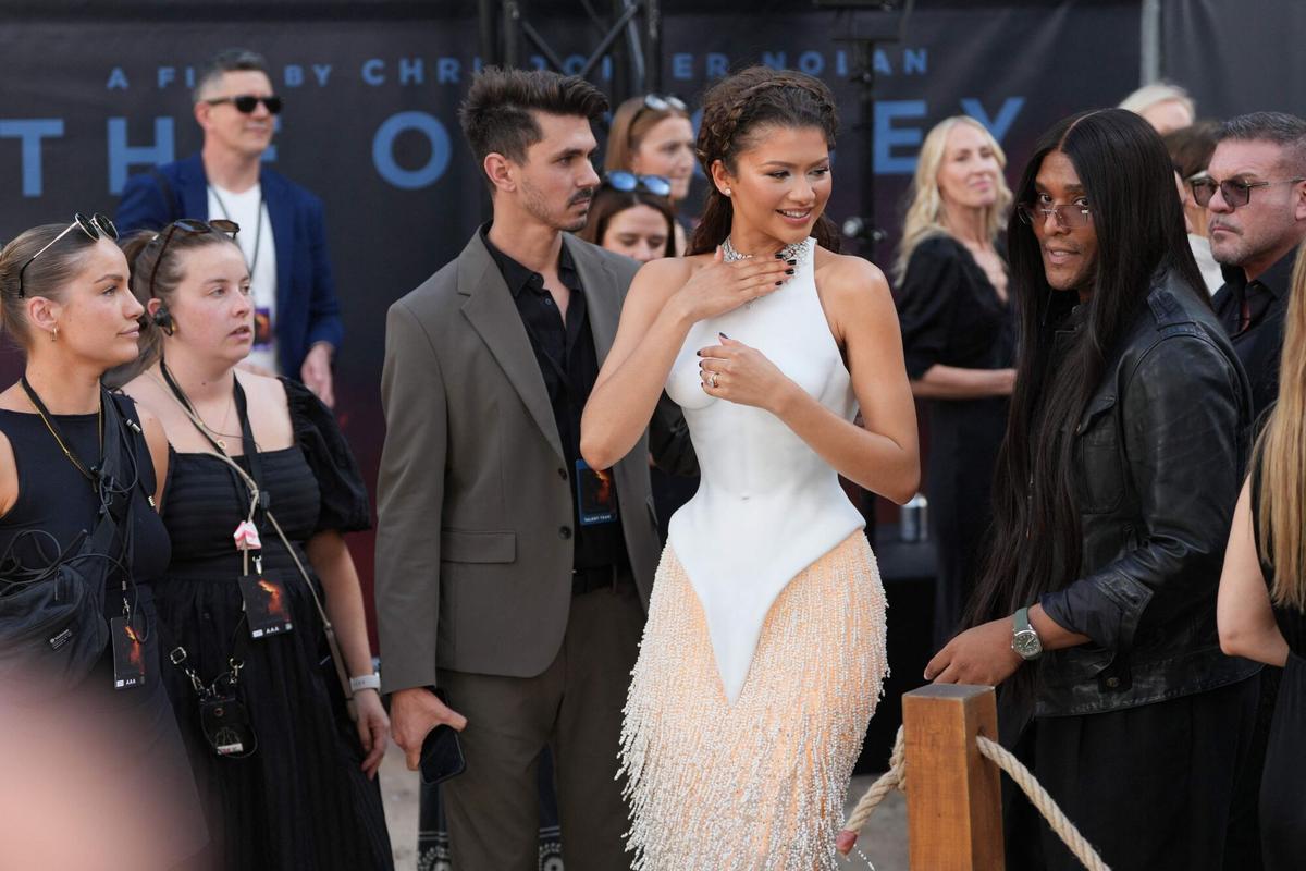 US actress Zendaya (C) arrives to attend the world premiere of the film 'The Odyssey' in London on July 6, 2026. (Photo by CARLOS JASSO / AFP)