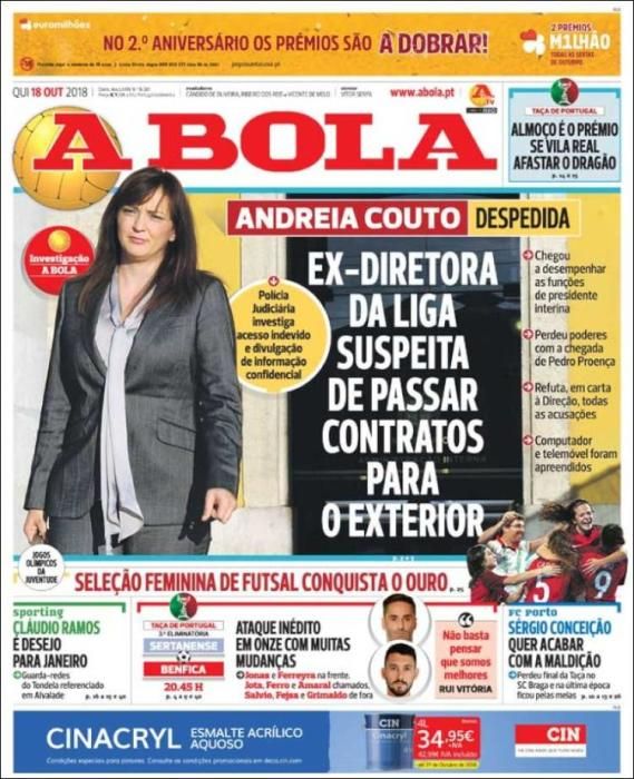 Portada A BOLA jueves 18 de octubre de 2018