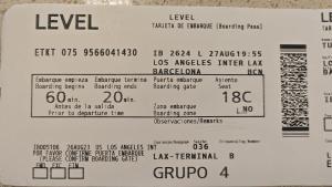 Pasaje que emitió Level a un pasajero de Los Ángeles a Barcelona pese a que el vuelo estaba cancelado.