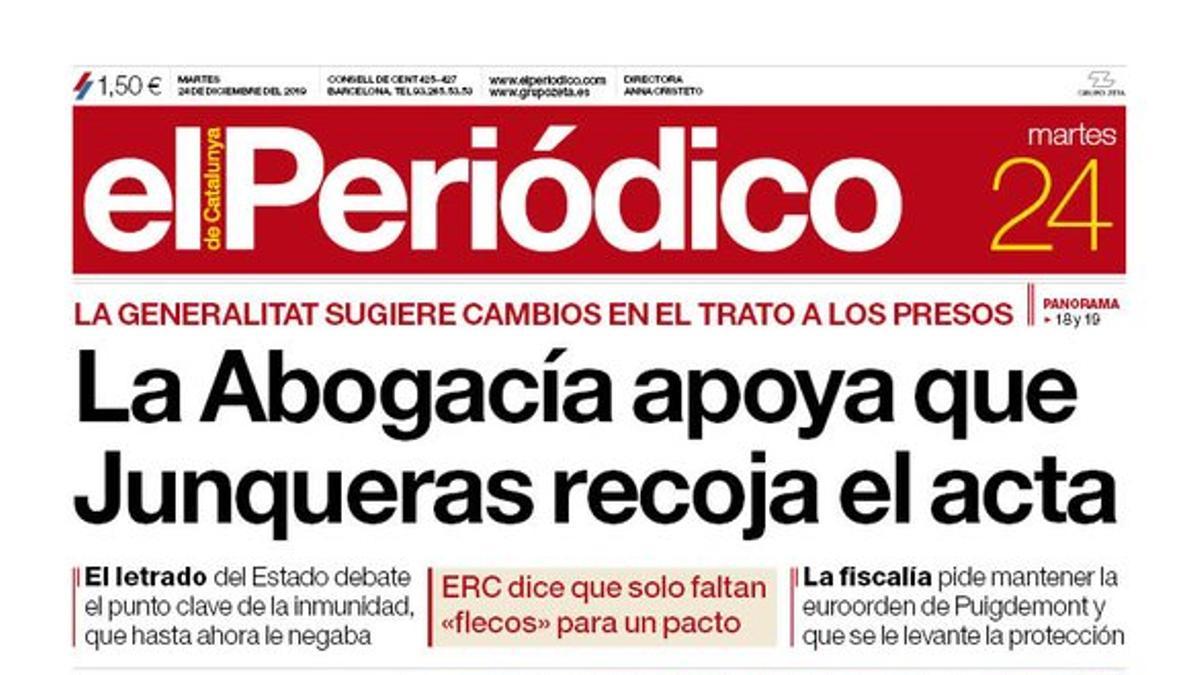 La portada de EL PERIÓDICO del 24 de diciembre del 2019