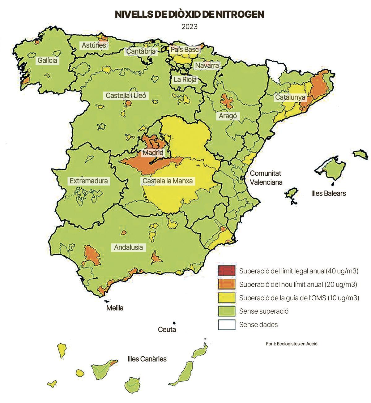 Nivells de Diòxit de Nitrogen a Espanya.