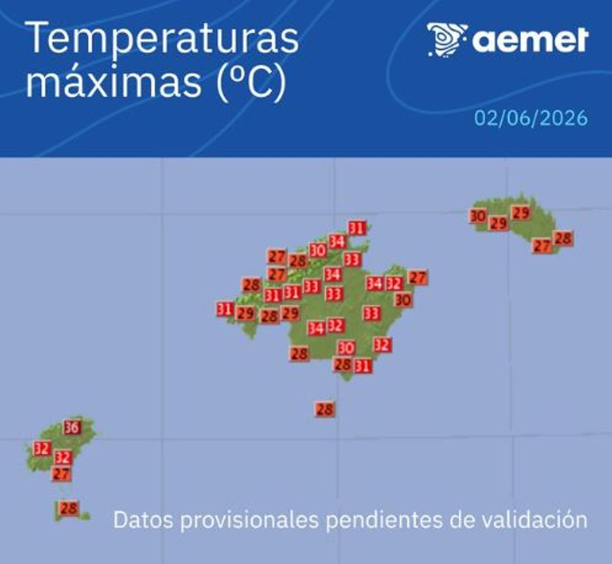 Mapa de las temperaturas máximas de la Aemet.
