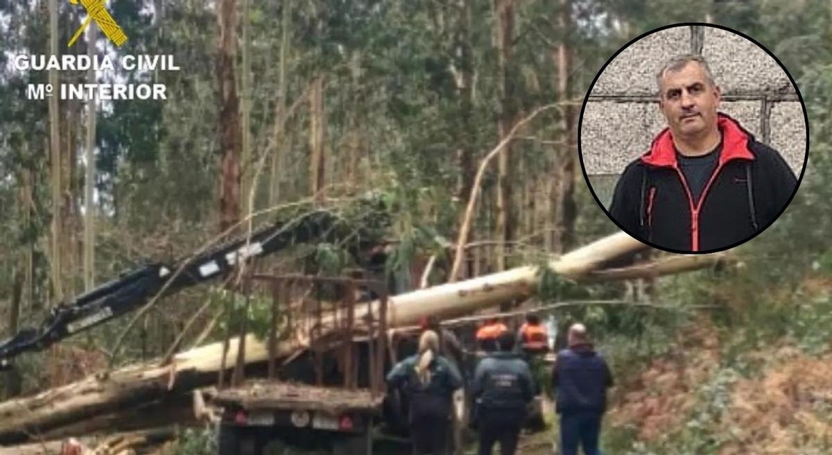 El arbol caído en Souromaior y en un círculo, foto del fallecido, Silvio Couñago.