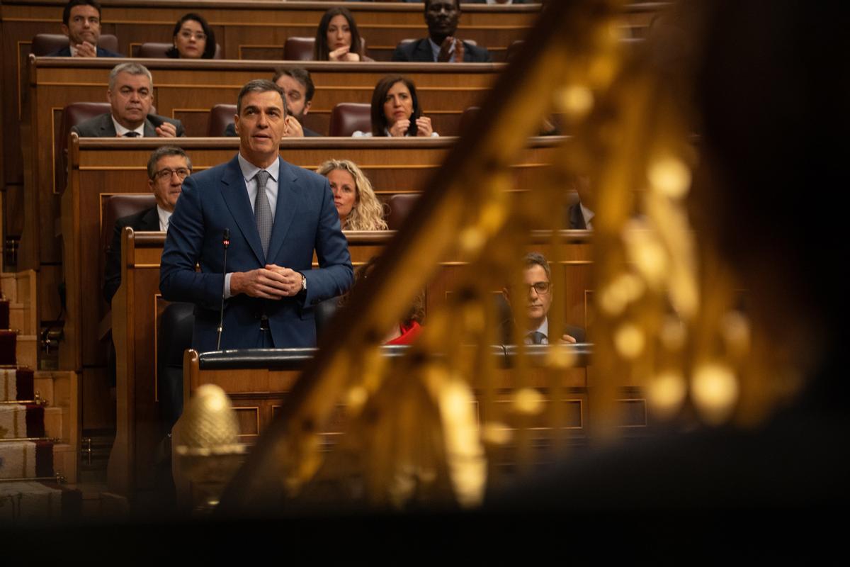 El presidente del Gobierno, Pedro Sánchez, interviene durante una sesión de control al Gobierno, en el Congreso de los Diputados, a 20 de marzo de 2024, en Madrid (España).