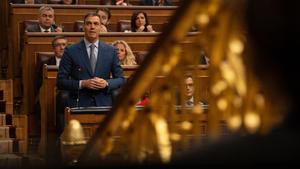 El presidente del Gobierno, Pedro Sánchez, interviene durante una sesión de control al Gobierno, en el Congreso de los Diputados, a 20 de marzo de 2024, en Madrid (España).