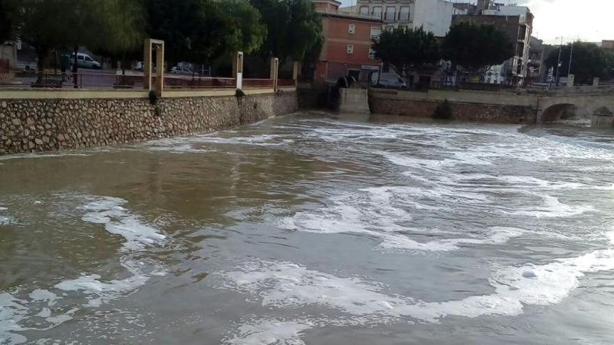 Imagen del río a su paso por Rojales ayer a media tarde con la espuma sobre la superficie del agua /Moisés Cruz