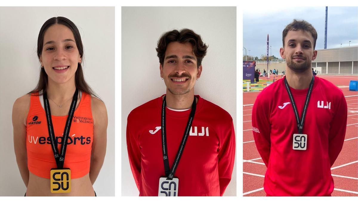 Algunos de los medallistas universitarios del CA Safor: Laura Castillo, Rodrigo Sánchez y Pau Borillo