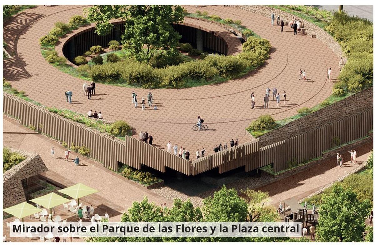 Infografía de lo que será el mirador sobre el parque de las flores y la plaza central