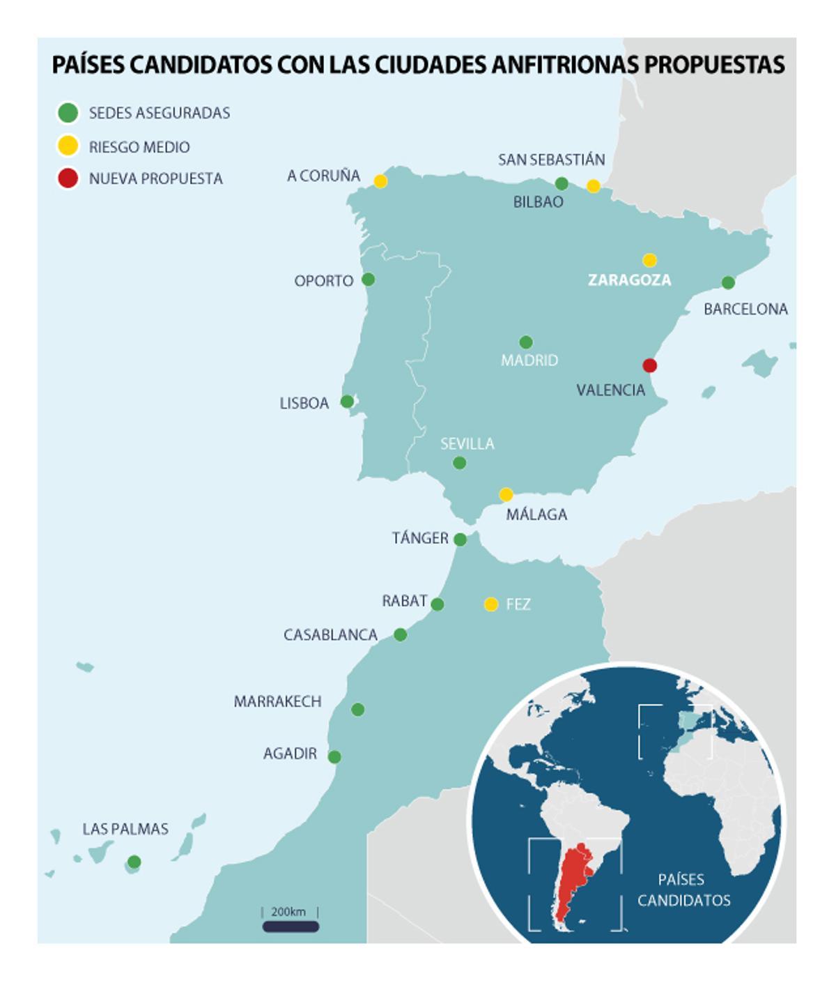 Sedes del Mundial de Fútbol 2030 en España, Marruecos y Portugal.