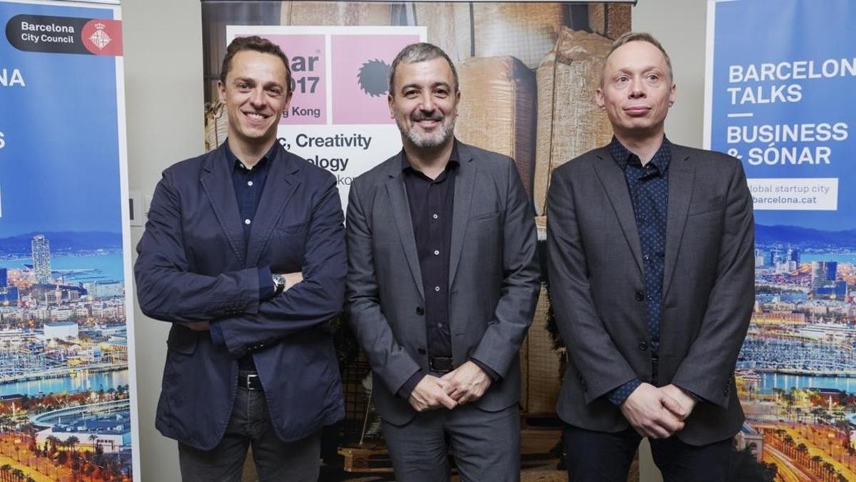 Ventura Barba, Jaume Collboni y Mike Hill, director ejecutivo de Magnetic Asia, en la presentación de Sónar Hong Kong.