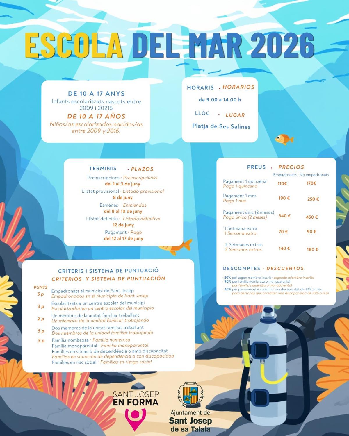 Todos los plazos, horarios y precios de la escuela del mar 2026.
