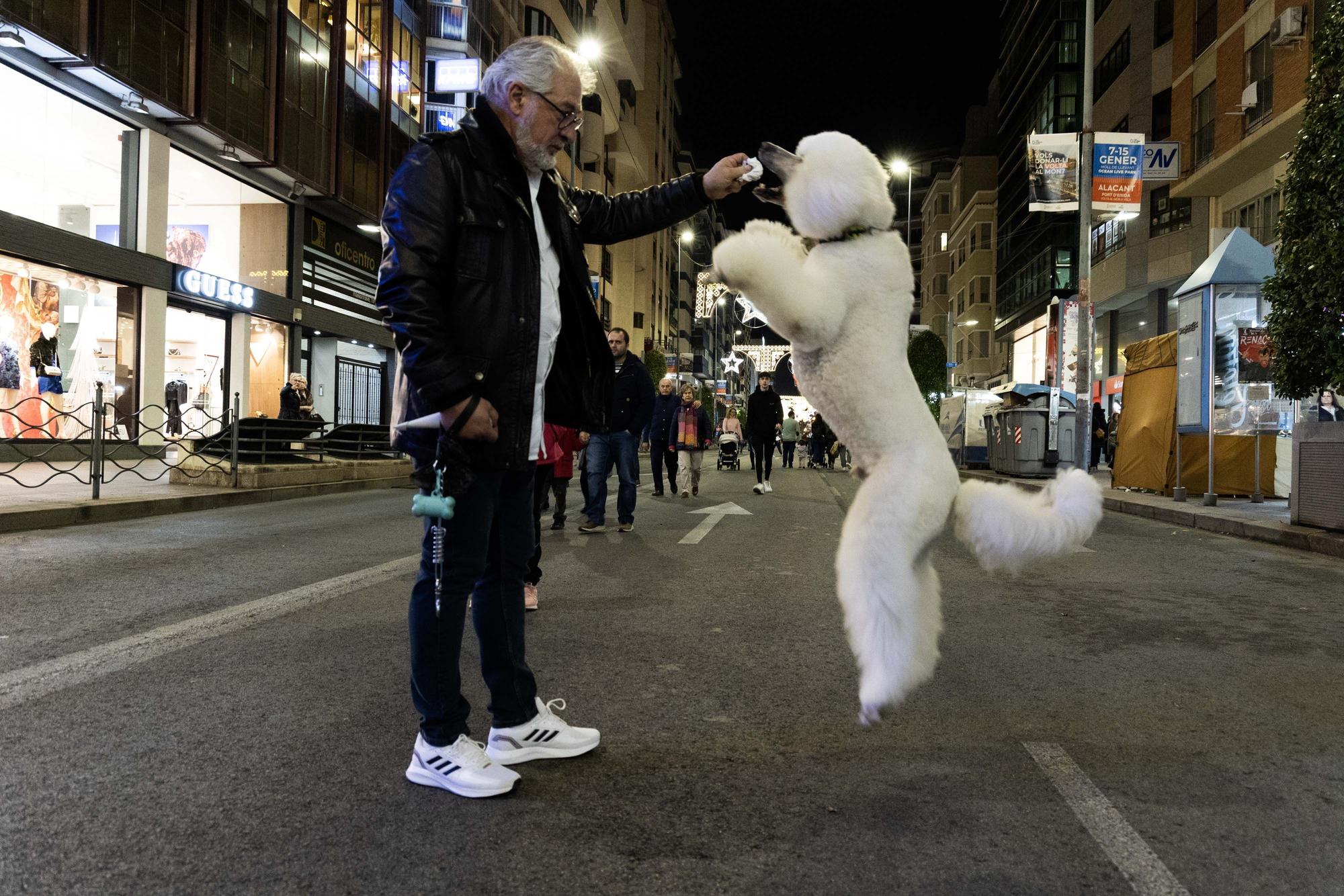 Un peatón juega con su perro en la avenida de Maisonave aprovechando la peatonalización de las zonas comerciales con motivo de las fiestas navideñas