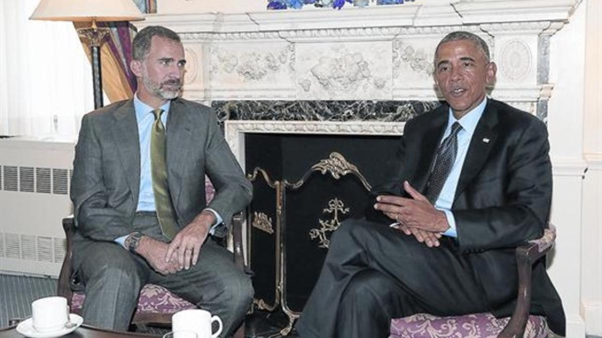 El rey Felipe y Barack Obama, durante su encuentro en el Hotel Waldorf Astoria, ayer.