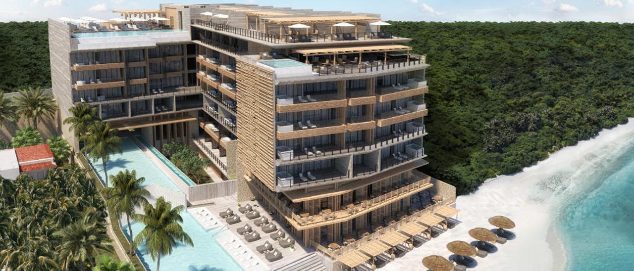 Una recreación del futuro aspecto del hotel The Fives Oceanfront que TM construye en Puerto Morelos, en México.