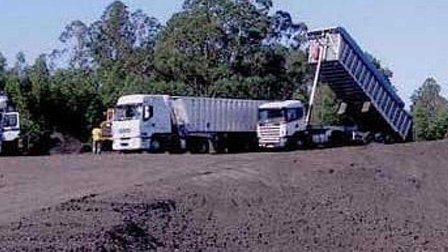 Varios camiones descargan material oleoso cerca del río Baa.