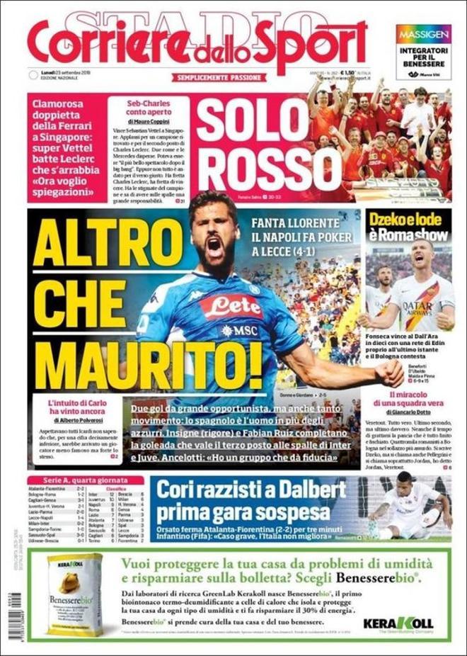 Portada del Corriere dello Sport del 23 de septiembre de 2019