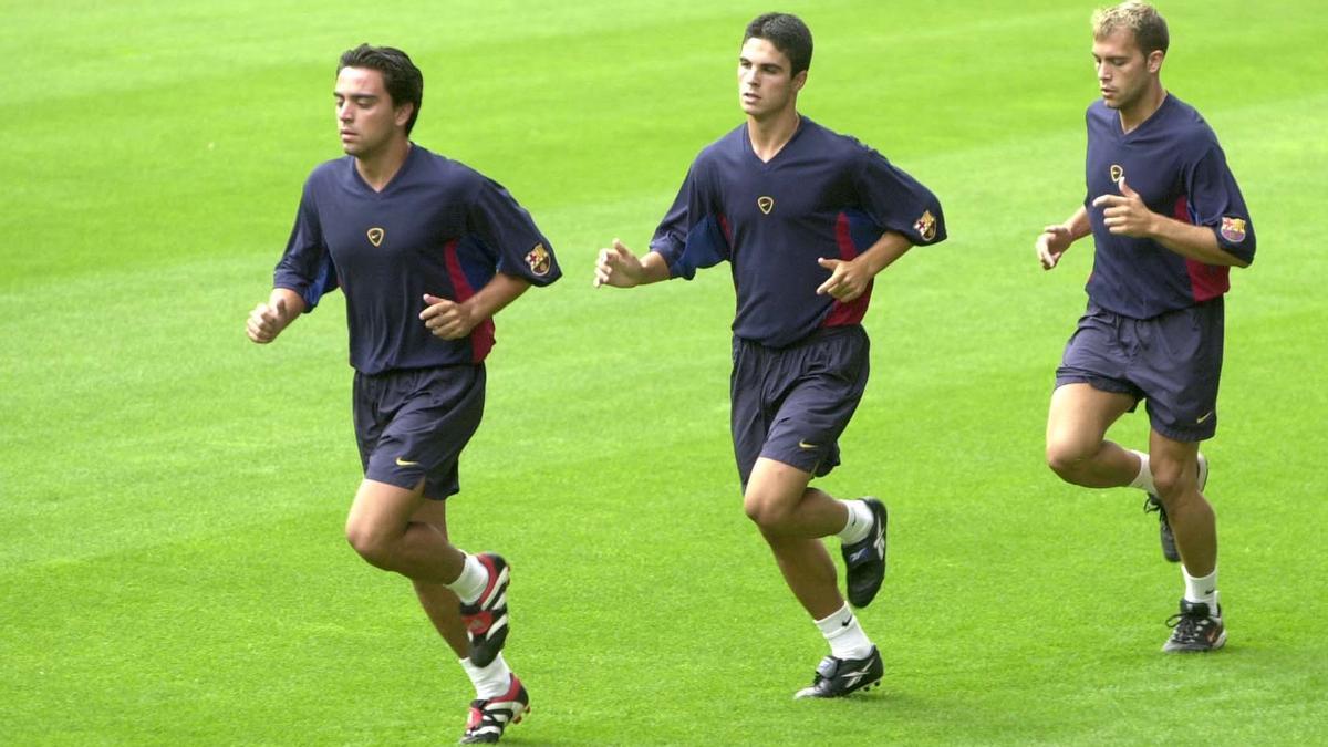 Xavi, Arteta y Gabri, en un entrenamiento del Barça en el año 2000.