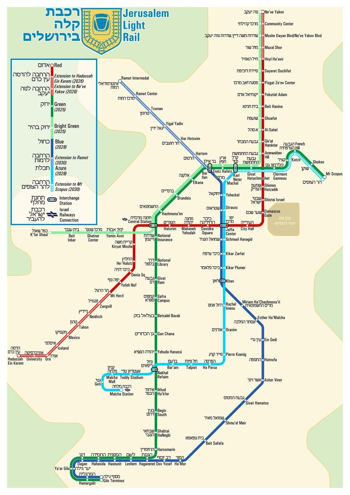 Mapa del tranvía israelí. Las líneas incluyen paradas en territorio ocupado