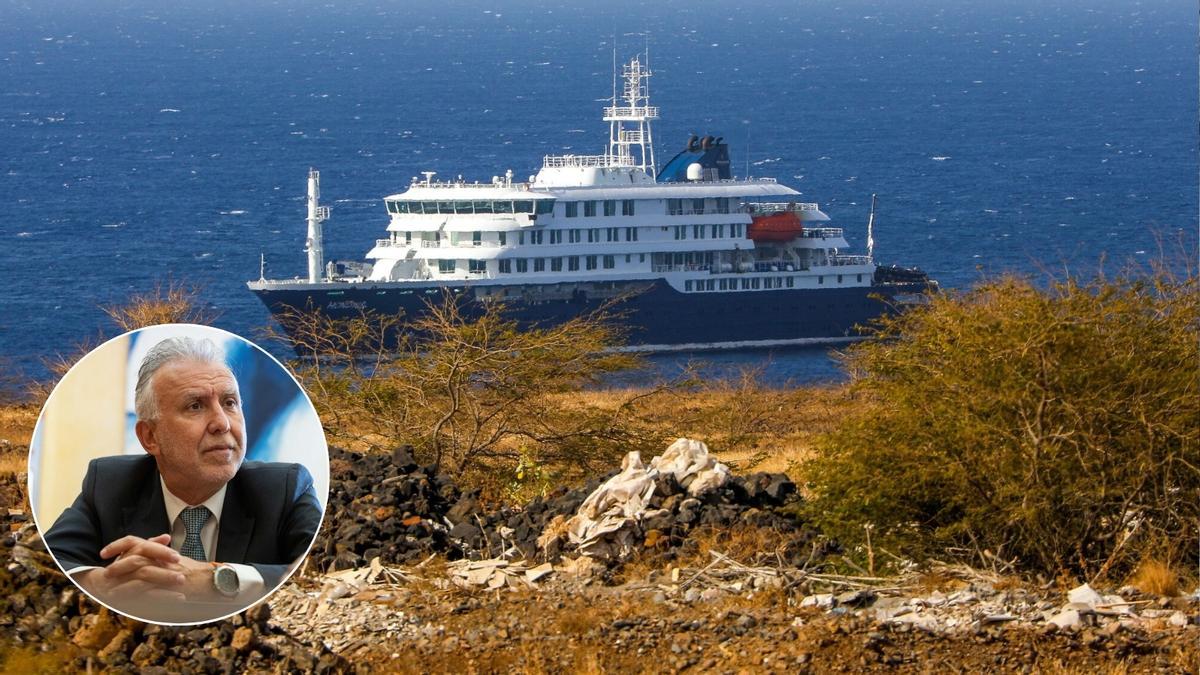 Fotomontaje del MV Hondius junto a una imagen de Ángel Víctor Torres.