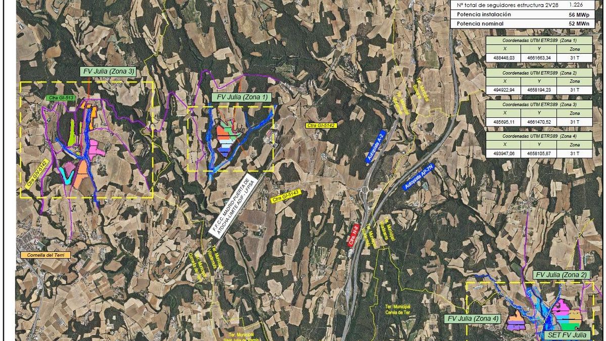Les quatre zones que constitueixen la planta fotovoltaica.