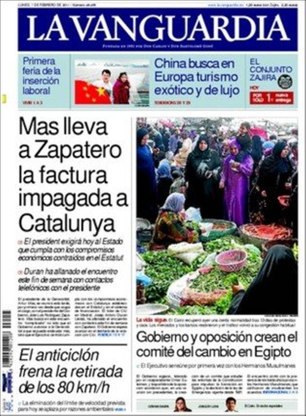 ’La Vanguardia’ també destaca que milers d’oenagés clamen al Fòrum Social Mundial de Dakar contra l’alça dels preus dels aliments, que els operadors s’encomanen als ’smartphones’ barats per créixer, que el premier conservador David Cameron renuncia a reduir els impostos a la Gran Bretanya, i que la caiguda dels preus fa més accessible la vivenda a Espanya, però no per als joves.