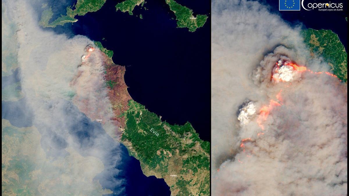 Incendio en la isla griega de Eubea, visto desde el satélite Copernicus
