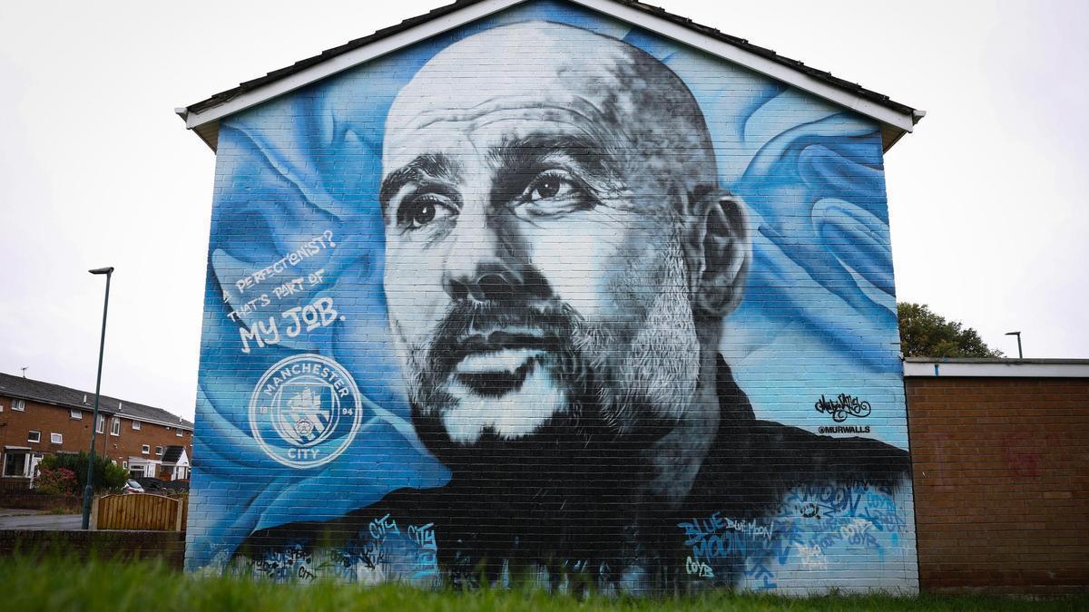 Mural en Manchester dedicado a Pep Guardiola, técnico del City.