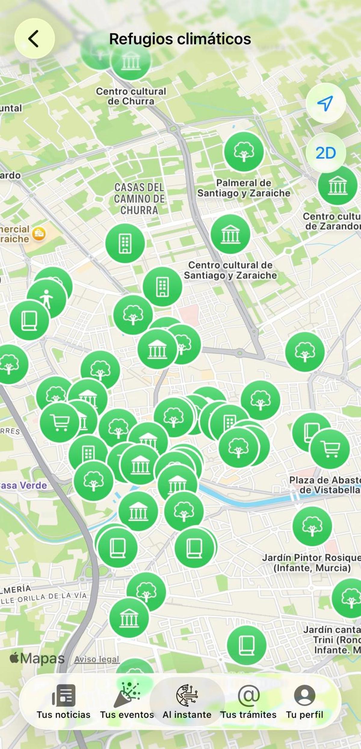 Mapa de los refugios climáticos en la app Tu Murcia.