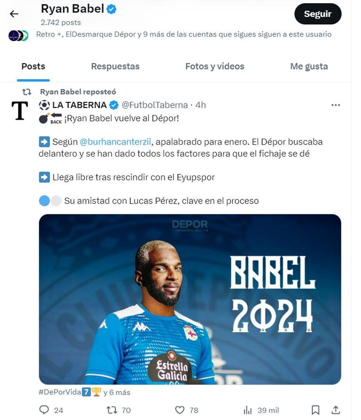 Cuenta oficial de X de Ryan Babel compartiendo la publicación que le relaciona con el Dépor