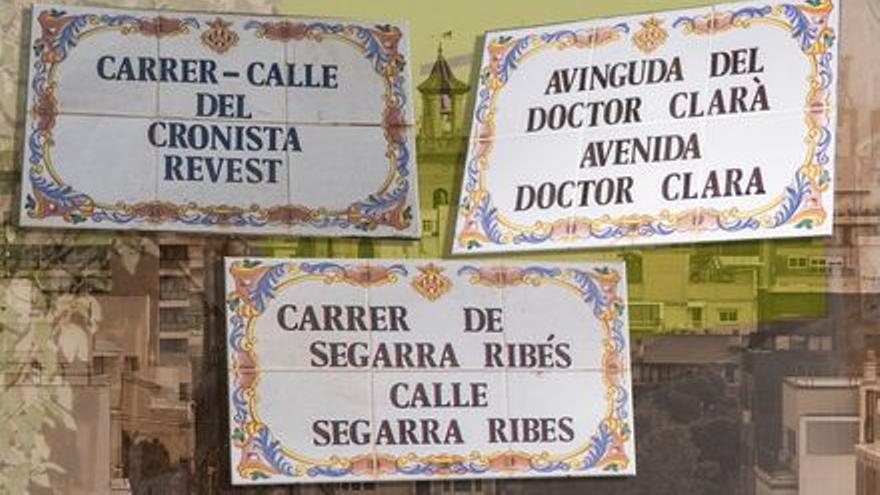 Placas de las calles dedicadas al cronista Revest, el doctor Clará y Segarra Ribés.