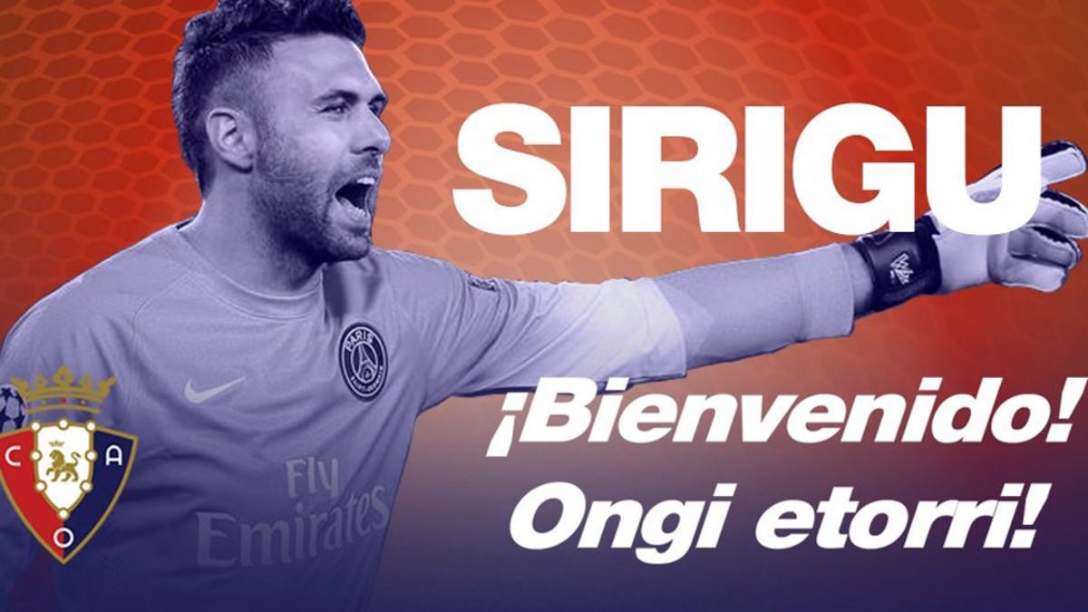 El meta Sirigu jugará cedido en Osasuna hasta final de temporada