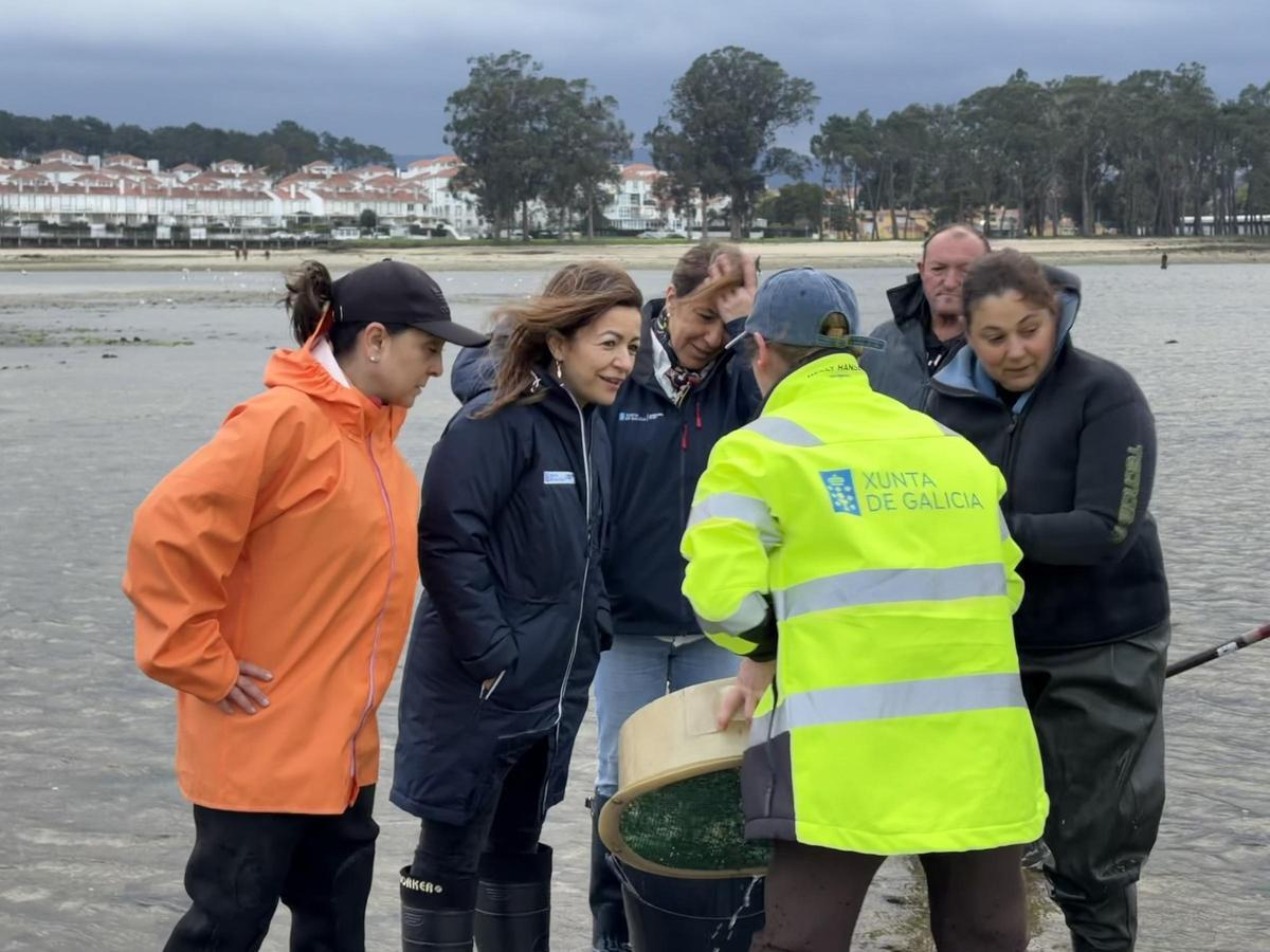 La visita de la conselleira a los bancos de A Vía. Al fondo, la isla de A Toxa.