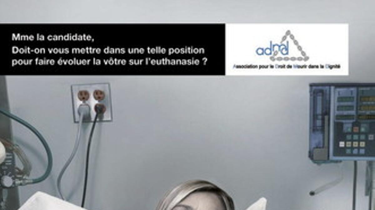 Foto de la Asociación para el Derecho a Morir Dignamente (ADMD) de Francia para su campaña publicitaria a favor de la eutanasia y en la que se ve a la presidenta del ultraderechista Frente Nacional (FN), Marine Le Pen, en el lecho de muerte.