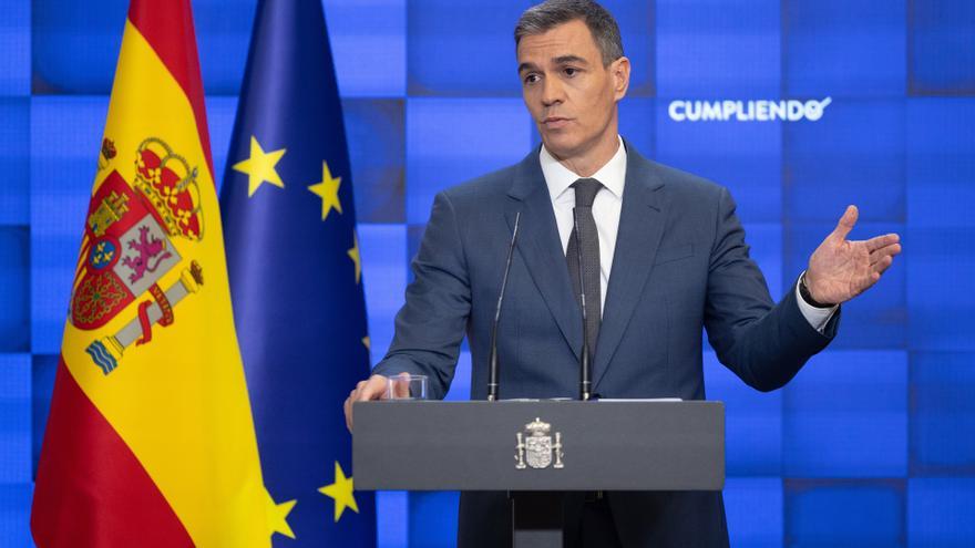 El presidente del Gobierno, Pedro Sánchez, durante su comparecencia este miércoles para hacer balance del curso político.