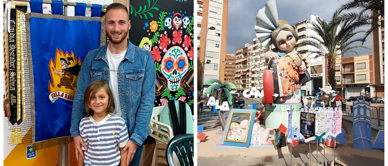 En la izquierda, Vicent Llàcer y Marc Pescador, los nuevos falleros mayores de la falla Barri d&#039;Onda. Y a la derecha, el monumento que plantó esta comisión en las atípicas Fallas del mes de octubre.