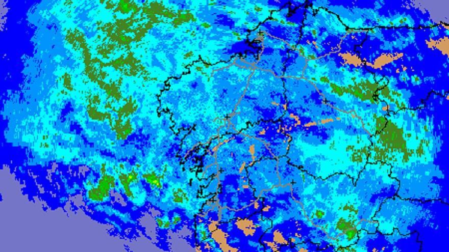 Mapa de MeteoGalicia que muestra todo el territorio gallego cubierto por lluvias, esta mañana