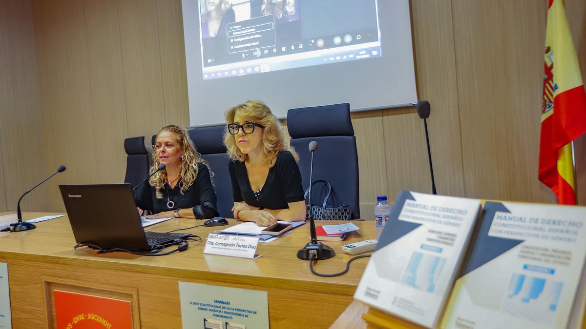 Mar Esquembre y Concepción Torres durante las jornadas este jueves en la Facultad de Derecho de la UA