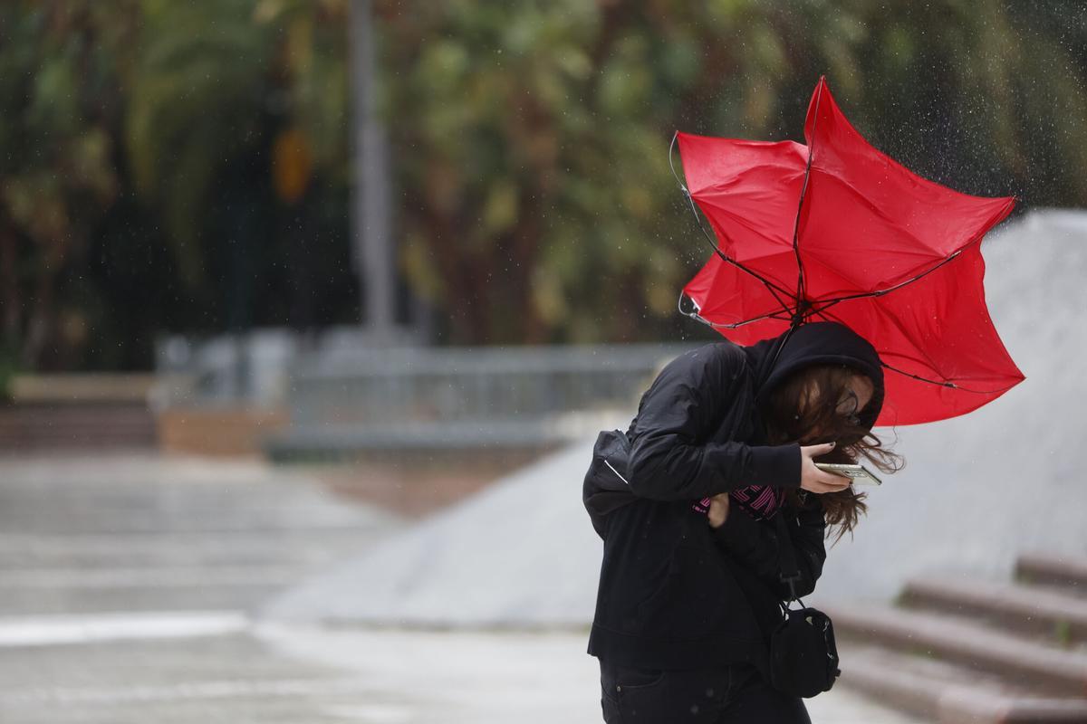MÁLAGA, 28/01/2026.- Una mujer lucha contra el fuerte viento que se registra este miércoles en Málaga. La borrasca Kristin complica este miércoles la jornada meteorológica en Andalucía, donde las clases están suspendidas en 77 municipios de la comunidad, con aviso rojo por viento en Valle del Almanzora y Los Vélez en Almería, y naranjas y amarillos por viento, lluvia y fenómenos costeros en el resto. EFE/ Jorge Zapata