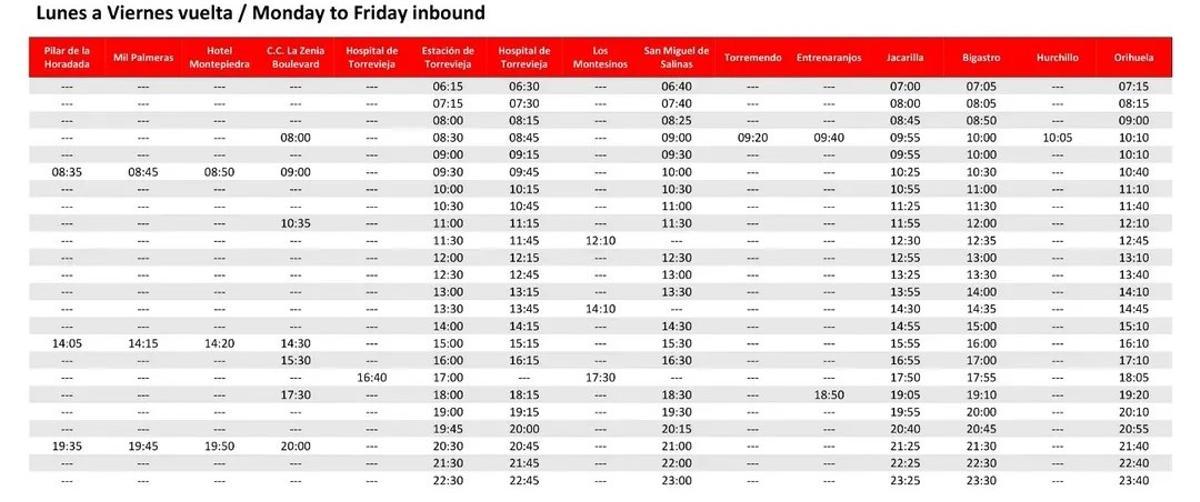 Horarios de lunes a viernes