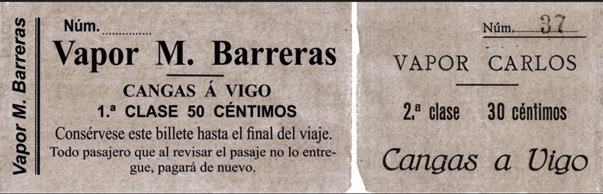 Billete dun barco de vapor entre Cangas e Vigo.
