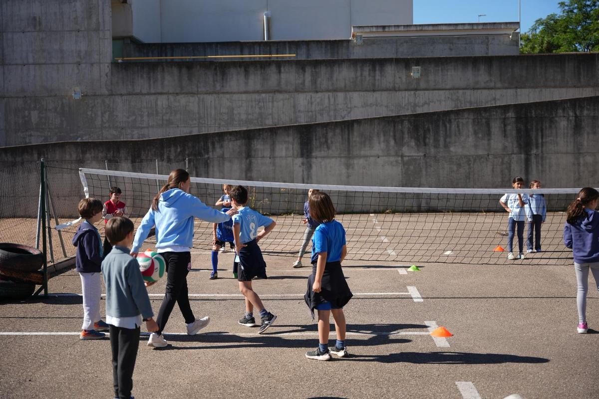 Alumnos durante la práctica de voleibol en el colegio Las Vaguadas.