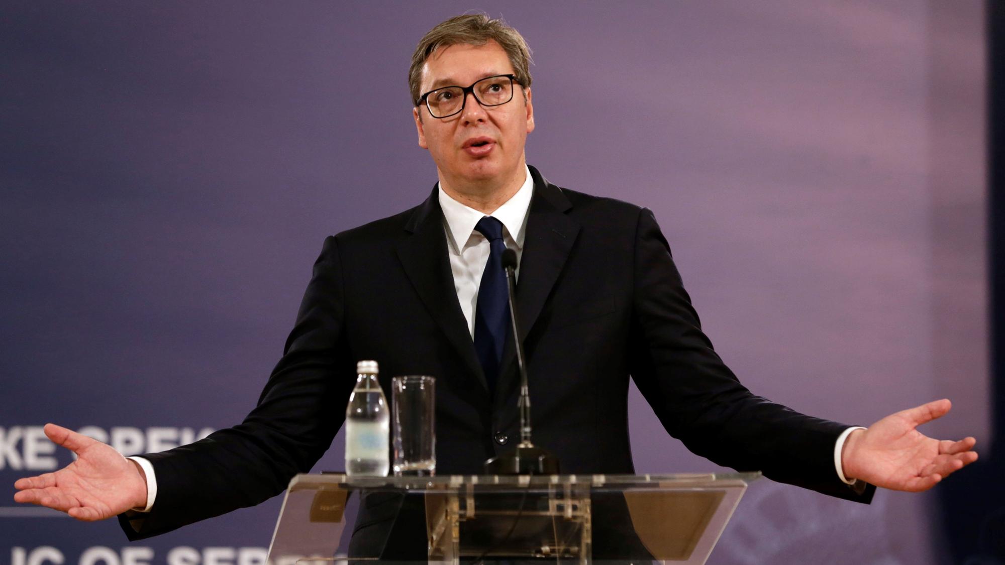 Belgrade (Serbia), 08/07/2021.- Serbian President Aleksandar Vucic talks during a press conference after a meeting with Hungarian Prime Minister Orban in Belgrade, Serbia, 08 July 2021.