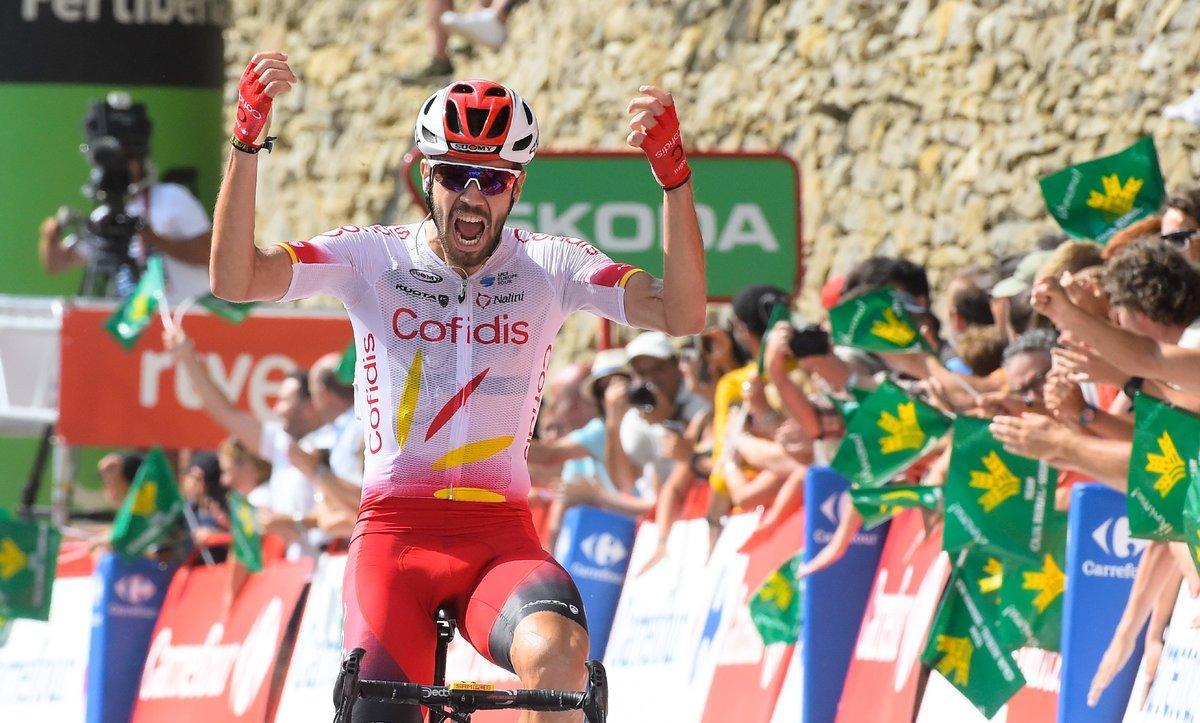 Jesus Herrada (Cofidis) crosses the finish line of the sixth stage of the 2019 La Vuelta cycling tour of Spain, a 198,9 km race from Mora de Rubielos to Ares del Maestrat, on August 29, 2019 in Ares del Maestrat. (Photo by JOSE JORDAN / AFP)