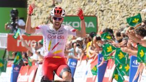 Jesus Herrada (Cofidis) crosses the finish line of the sixth stage of the 2019 La Vuelta cycling tour of Spain, a 198,9 km race from Mora de Rubielos to Ares del Maestrat, on August 29, 2019 in Ares del Maestrat. (Photo by JOSE JORDAN / AFP)