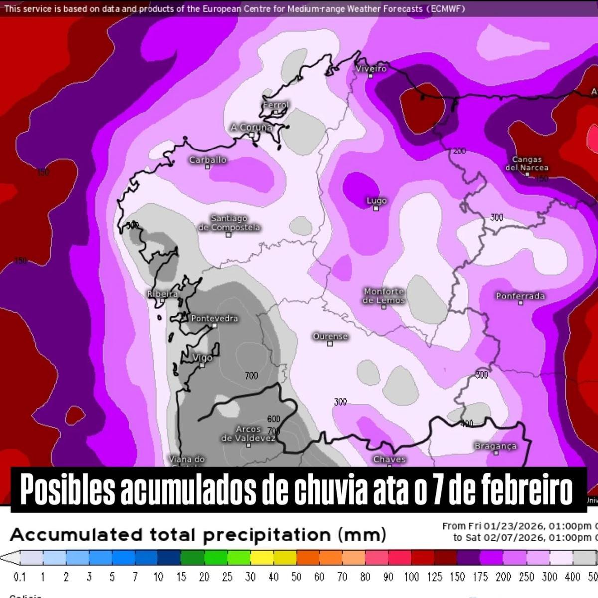 Mapa de previsión de lluvia acumulada hasta el 7 de febrero.